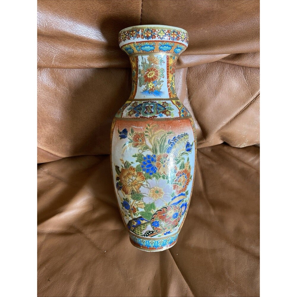 Vtg Cloisonné Chinese Ceramic Vase Floral Gold Trimmed 10" tall